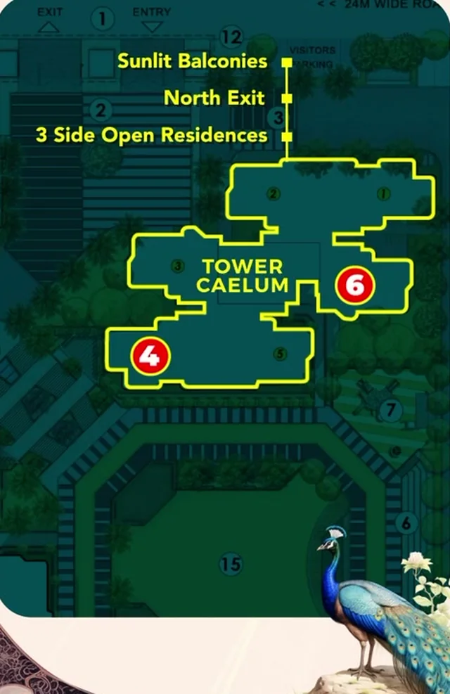 Tower Caelum highlighted on the Eldeco Echoes of Eden master plan — sunlit balconies, a north exit and three-side-open homes (Eldeco creative, representational)