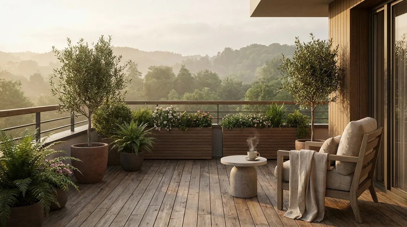 Luxury apartment balcony with plants overlooking dense green landscape at sunrise