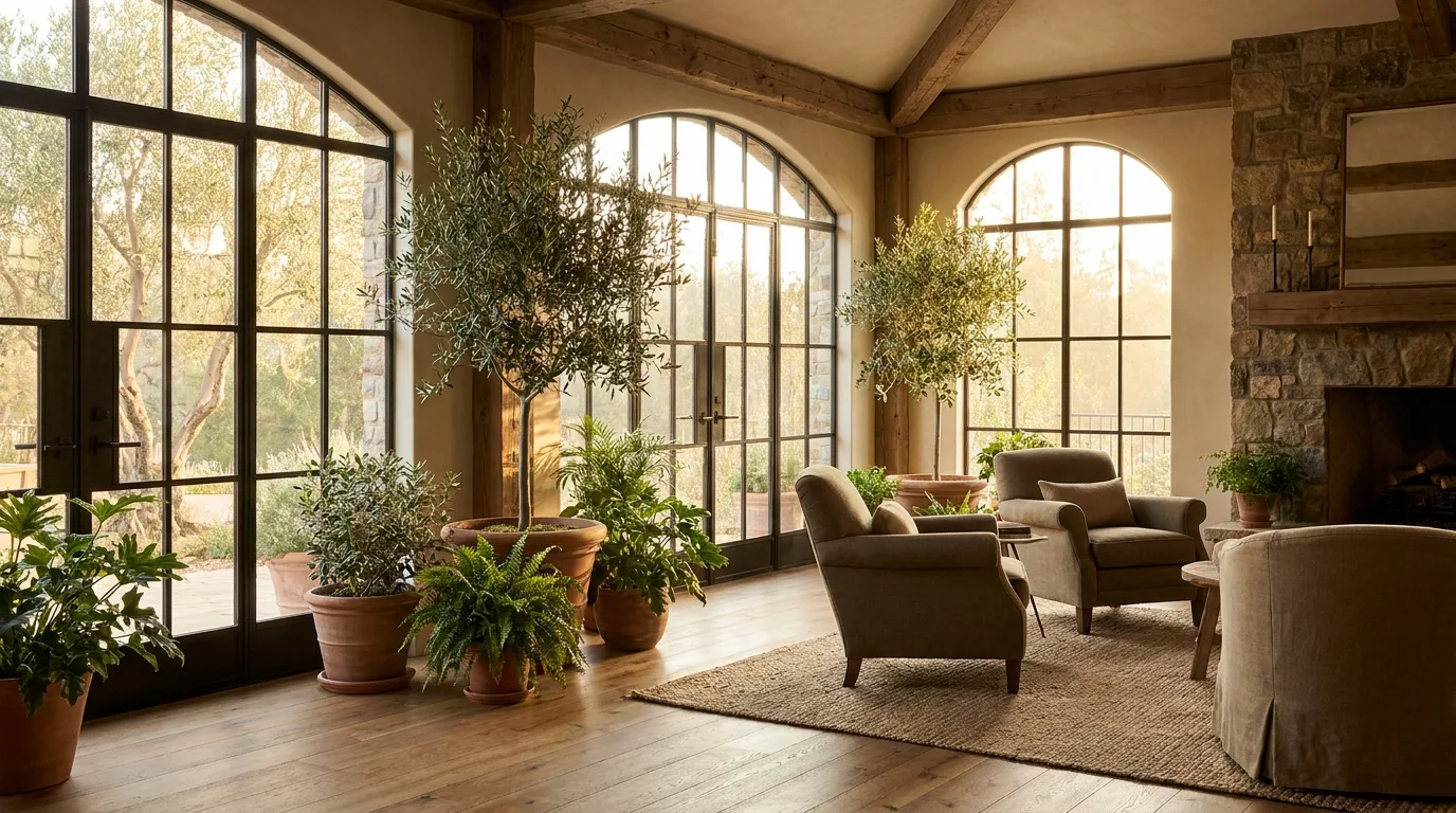 Warm family clubhouse interior with indoor greenery