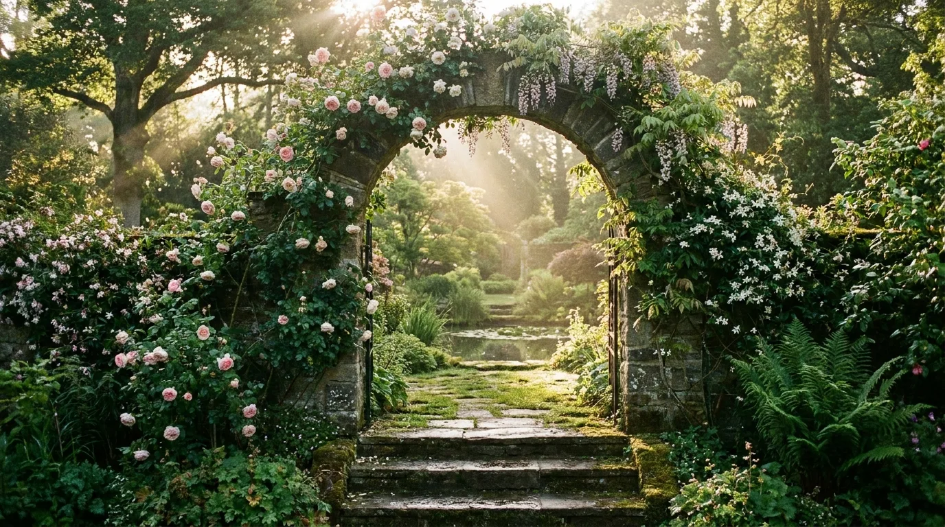 Lush garden archway with flowering vines and morning light rays