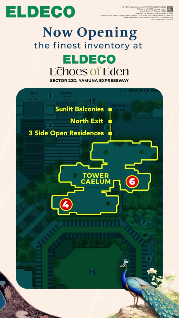 Tower Caelum plate on the Eldeco EOE site plan — units 4 and 6 marked, with the developer's callouts for sunlit balconies, north exit and 3-side open corner homes (unedited frame from Eldeco's official film)
