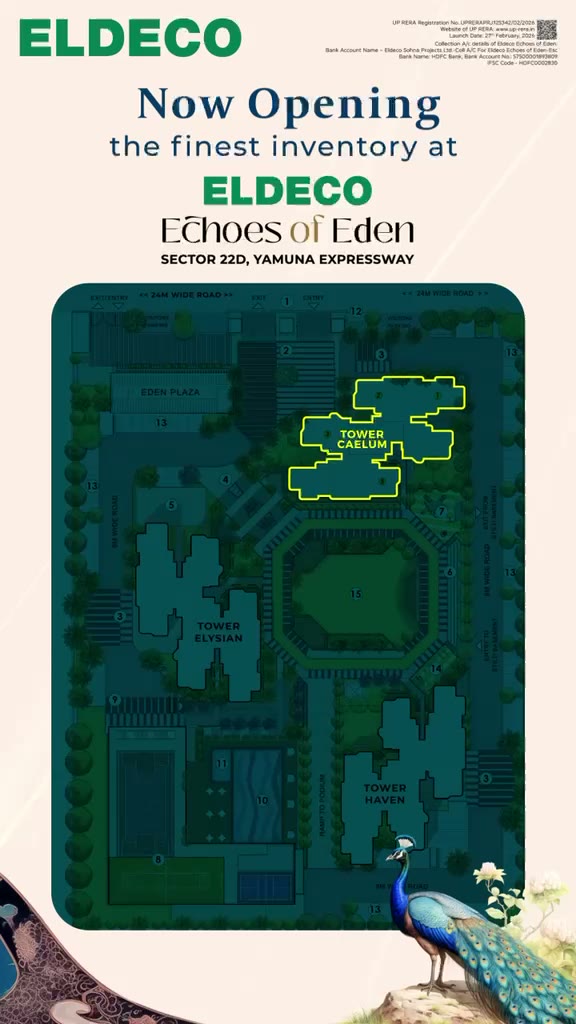 Eldeco Echoes of Eden full site plan — Haven, Elysian and Caelum towers, Eden Plaza and central greens at Sector 22D (unedited frame from Eldeco's official August 2026 film)