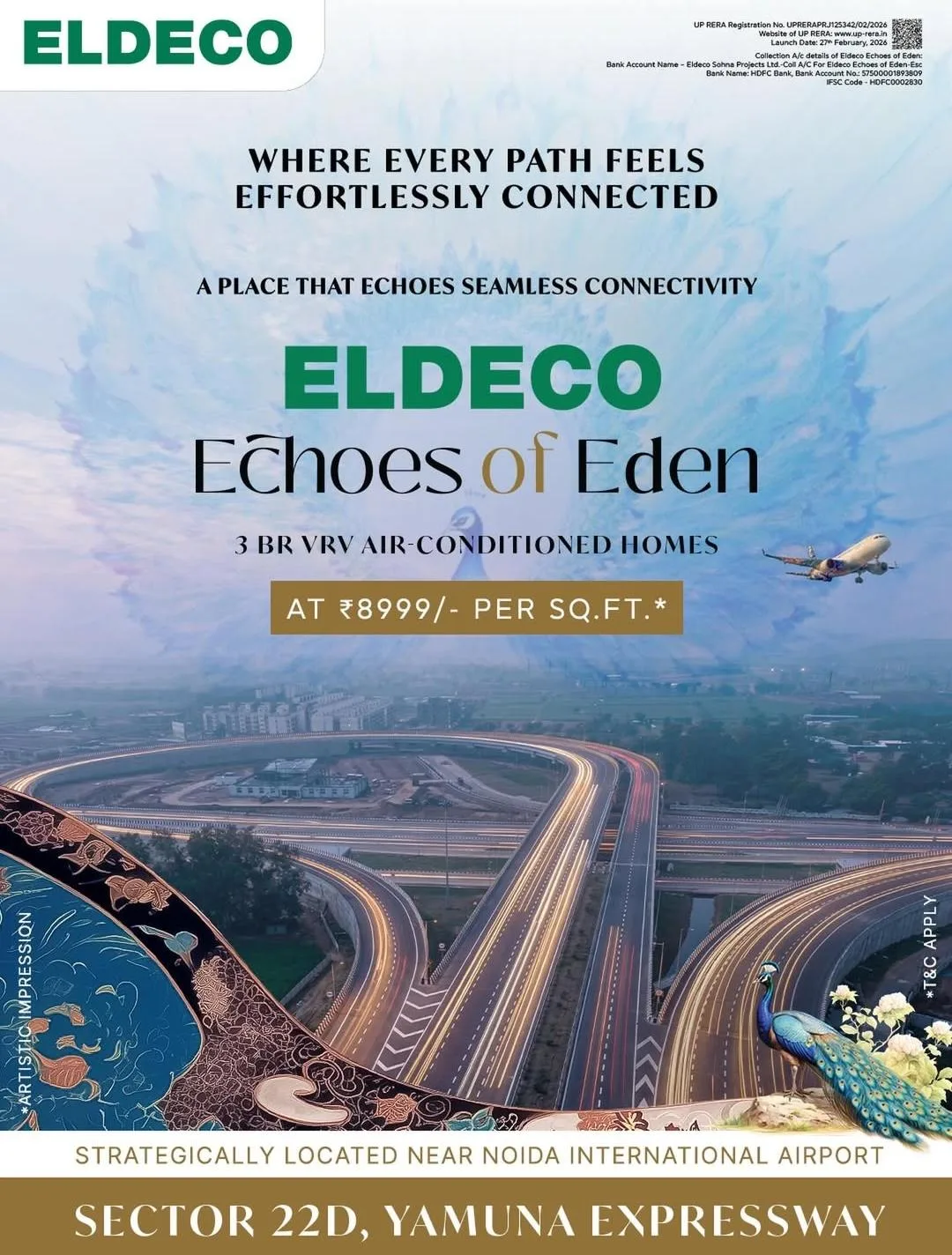 Eldeco Echoes of Eden — Strategically located near Noida International Airport. Official Eldeco Yamuna Expressway aerial creative for Sector 22D 3 BR VRV homes.