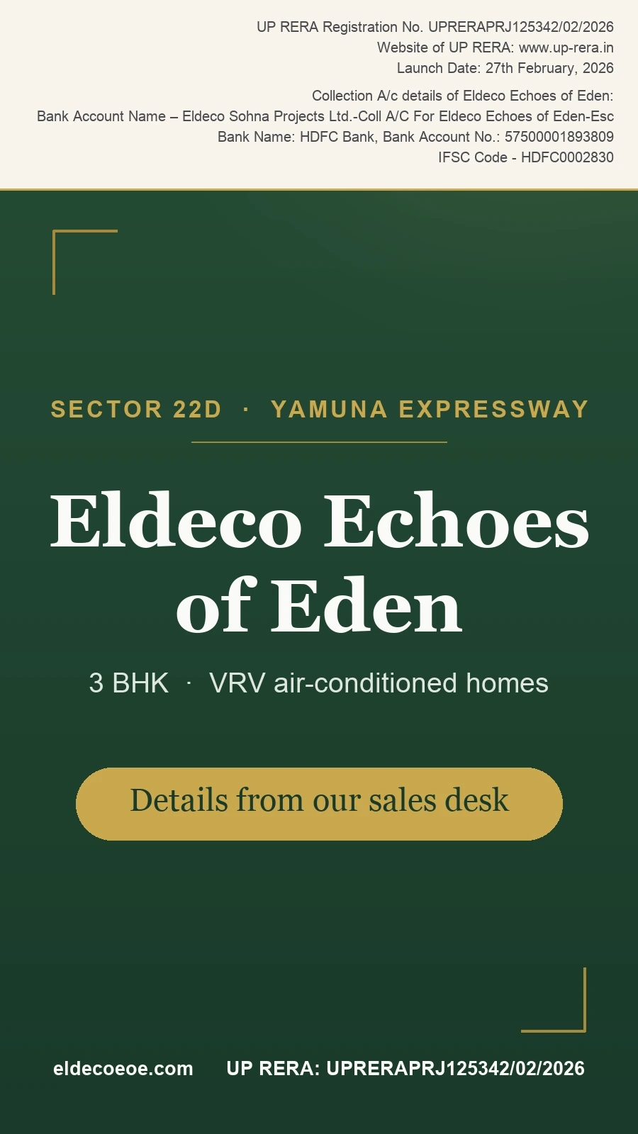 Eldeco Echoes of Eden typographic summary card — project name, Sector 22D Yamuna Expressway address and the developer's UP RERA masthead; a designed card, not a photograph